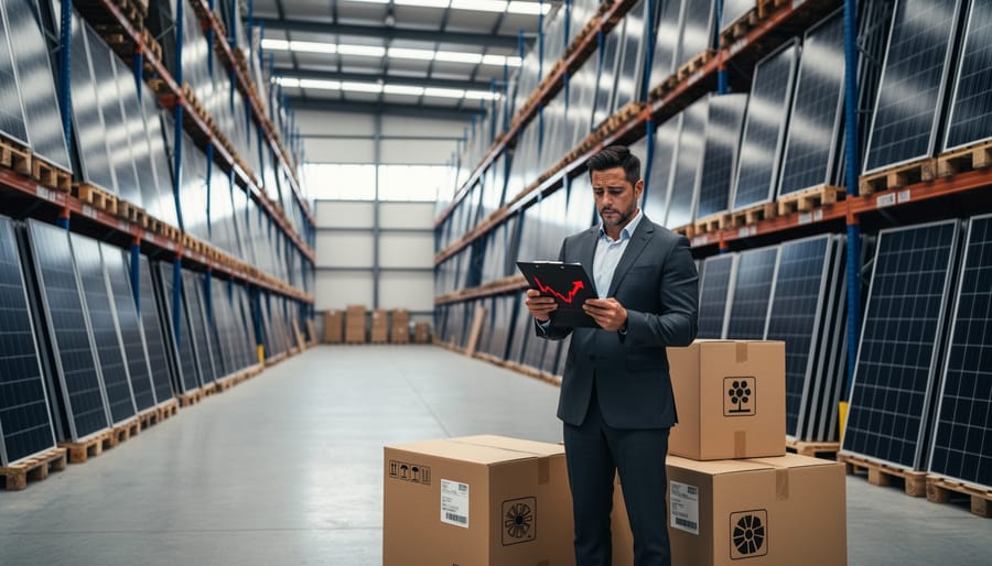 Warehouse filled with stacked solar panels and photovoltaic modules on industrial shelving