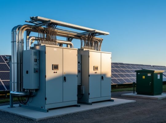 Utility-scale solar inverter skid with adjacent AC switchgear and conduit at a solar farm, photographed at golden hour; rows of PV panels and a pad-mounted transformer visible in the softly blurred background.