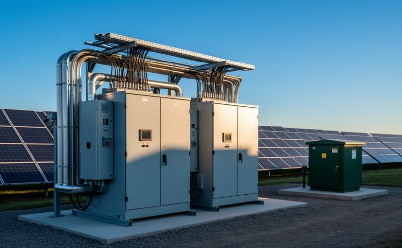 Utility-scale solar inverter skid with adjacent AC switchgear and conduit at a solar farm, photographed at golden hour; rows of PV panels and a pad-mounted transformer visible in the softly blurred background.