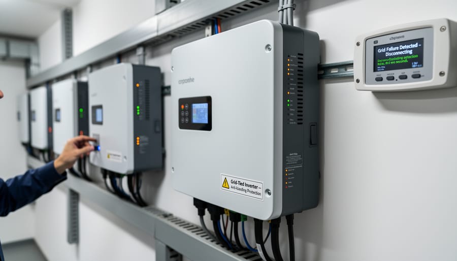 Close-up of residential solar inverter with safety certification labels on exterior wall