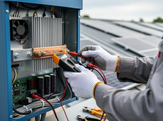 Gloved technician using a multimeter to probe the DC bus inside an open solar inverter cabinet with visible heat sinks, cooling fan, and capacitors, while rooftop solar panels and tools are softly blurred in the background.