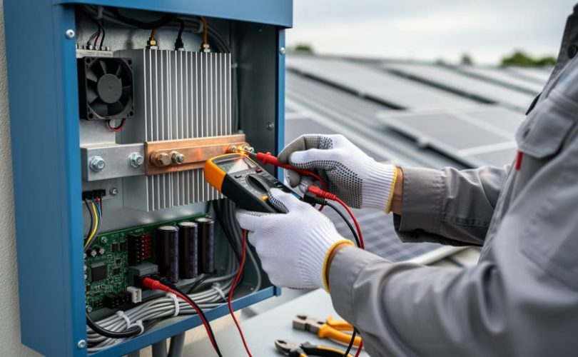 Gloved technician using a multimeter to probe the DC bus inside an open solar inverter cabinet with visible heat sinks, cooling fan, and capacitors, while rooftop solar panels and tools are softly blurred in the background.