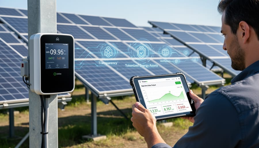 Technician installing IoT monitoring sensor on solar panel system