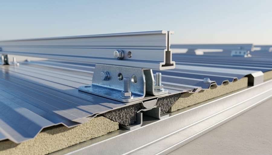 Solar panel mounting brackets attached to Q-deck roofing with structural fasteners