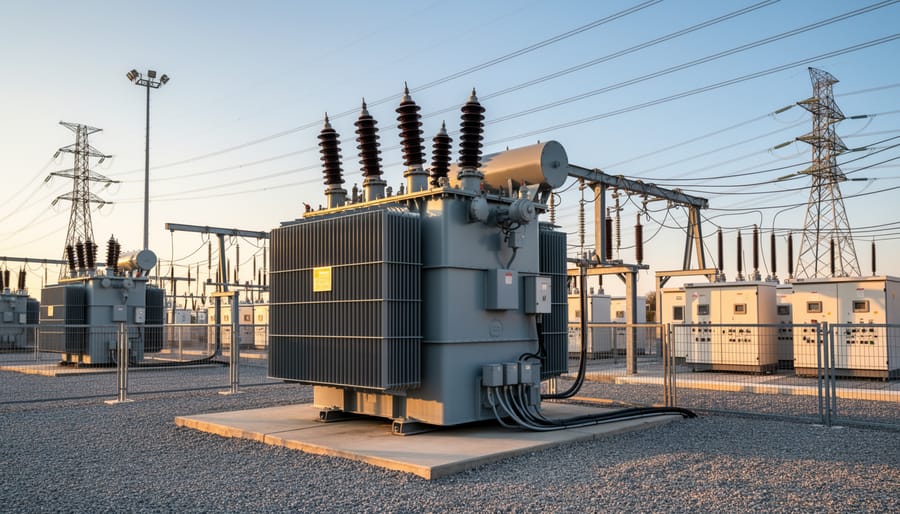 Pad-mounted electrical transformer in solar farm with AC collection infrastructure