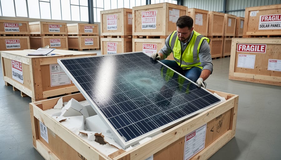 Close-up of water condensation and damage on solar panel surface during transport