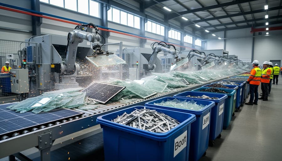 Worker operating automated solar panel recycling equipment in industrial facility
