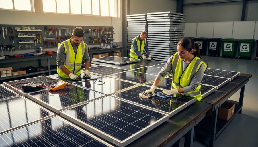 Technician testing refurbished solar panel with diagnostic equipment in workshop