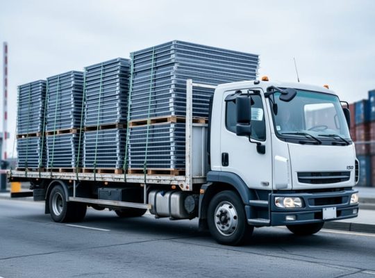 Flatbed truck carrying stacked decommissioned solar panels on pallets at an international border checkpoint, with a raised barrier arm, customs booth, fence, and shipping containers softly blurred in the background under overcast light; no visible text or logos.