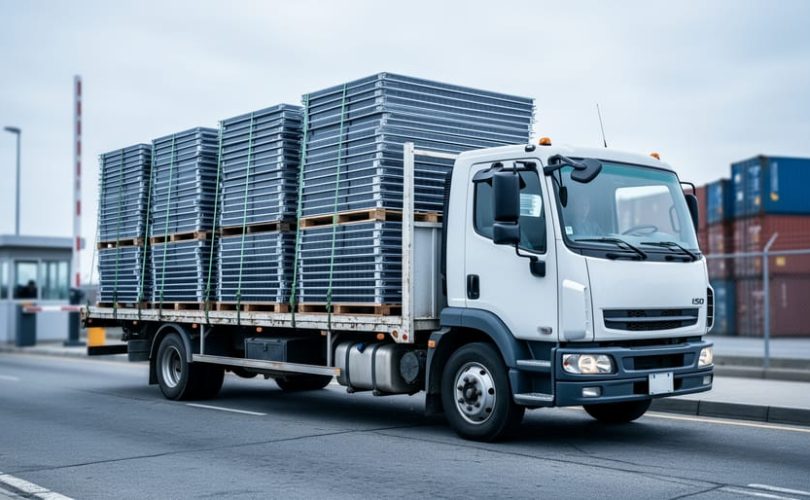 Flatbed truck carrying stacked decommissioned solar panels on pallets at an international border checkpoint, with a raised barrier arm, customs booth, fence, and shipping containers softly blurred in the background under overcast light; no visible text or logos.
