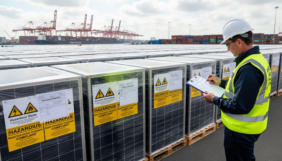 Damaged solar panels stacked in shipping container with documentation
