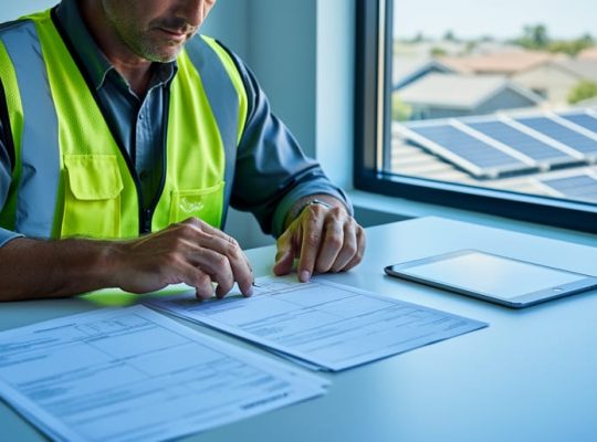 Solar installer wearing a safety vest reviews permit paperwork at a desk beside a tablet, with a sunlit window showing a home rooftop fitted with solar panels and a softly blurred suburban background.