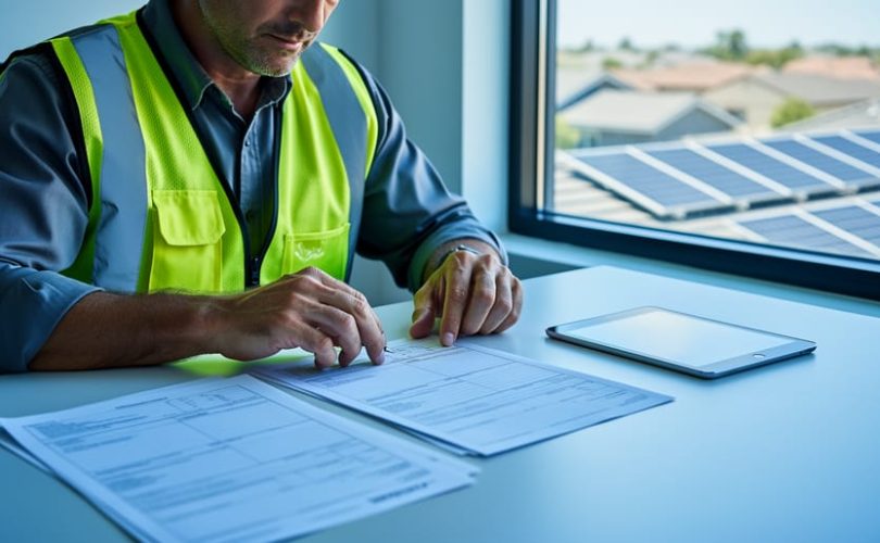 Solar installer wearing a safety vest reviews permit paperwork at a desk beside a tablet, with a sunlit window showing a home rooftop fitted with solar panels and a softly blurred suburban background.