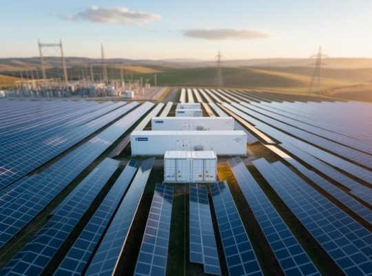 Elevated 45-degree view of rows of blue solar panels leading to white containerized battery energy storage units at golden hour, with a substation and transmission towers softly visible on distant hills.