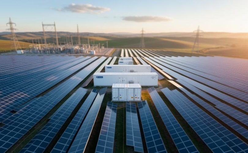Elevated 45-degree view of rows of blue solar panels leading to white containerized battery energy storage units at golden hour, with a substation and transmission towers softly visible on distant hills.