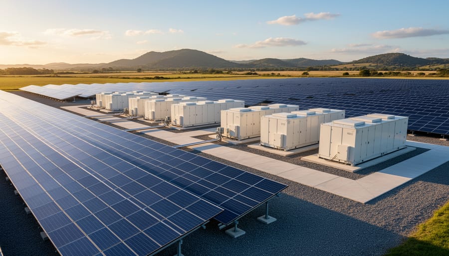 Large solar farm with battery storage containers in foreground showing integrated renewable energy system