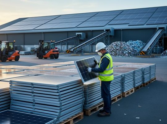 Decommissioned solar panels on pallets in front of a recycling plant with rooftop solar arrays, a worker in safety gear inspecting a panel while electric forklifts and conveyors operate in warm late-day light.