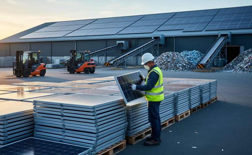 Decommissioned solar panels on pallets in front of a recycling plant with rooftop solar arrays, a worker in safety gear inspecting a panel while electric forklifts and conveyors operate in warm late-day light.