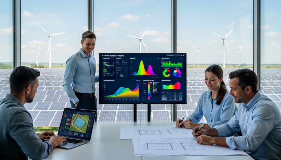 Engineers inspecting solar panel installation at renewable energy facility
