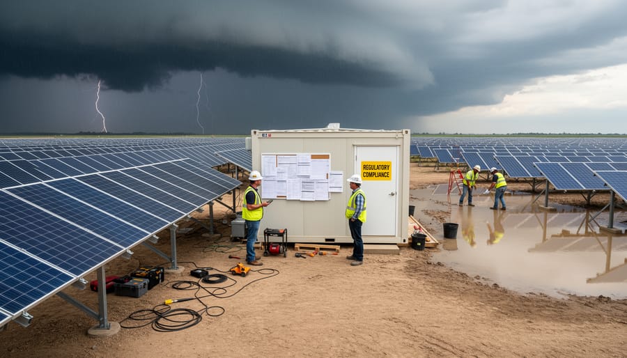 Large solar farm installation with approaching storm clouds overhead