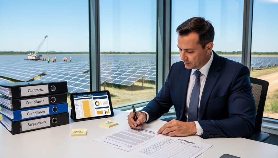 Construction worker reviewing plans at solar installation site