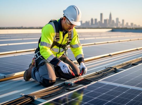 Solar maintenance technician wearing hard hat, safety glasses, hi-vis vest, and harness kneels on a commercial rooftop photovoltaic array, examining DC connectors and cabling with insulated tools at golden hour, with rows of panels and a soft skyline in the background.