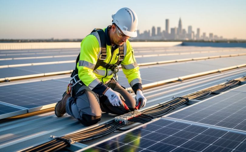 Solar maintenance technician wearing hard hat, safety glasses, hi-vis vest, and harness kneels on a commercial rooftop photovoltaic array, examining DC connectors and cabling with insulated tools at golden hour, with rows of panels and a soft skyline in the background.