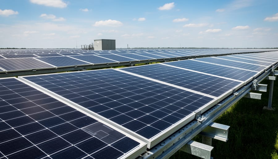 Close-up detail of solar photovoltaic panel showing crystalline cells and metallic connections
