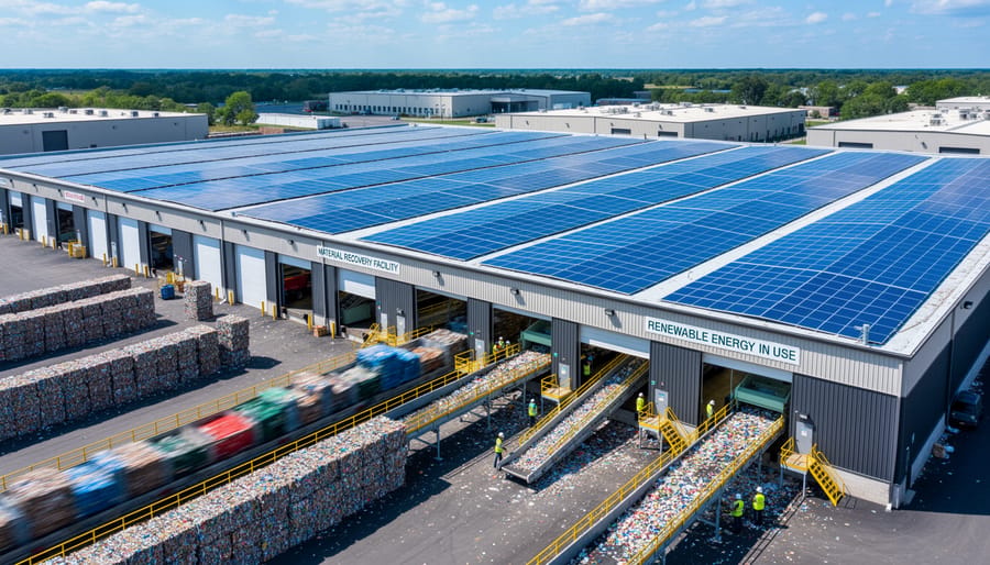Industrial recycling facility with extensive rooftop solar panel installation