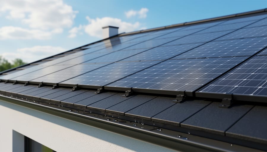 Close-up of solar roof tiles showing installation detail and surface texture