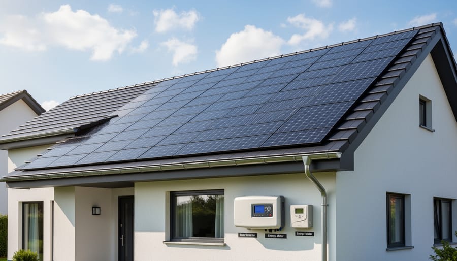 Residential roof with integrated solar roof tiles blending with traditional roofing