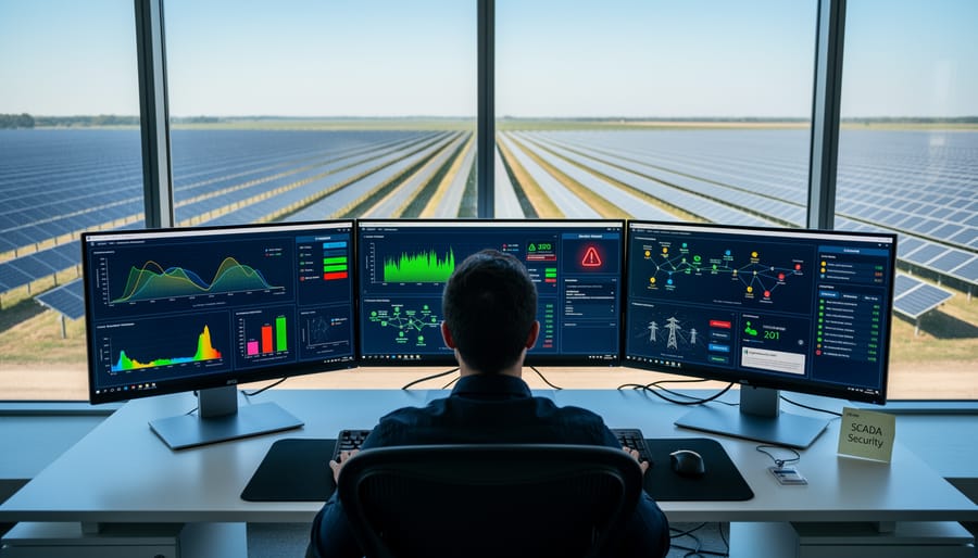 Solar farm operator monitoring SCADA control systems on multiple computer screens
