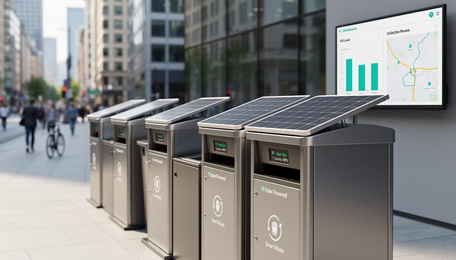 Modern solar-powered smart waste bin with integrated solar panel on urban sidewalk