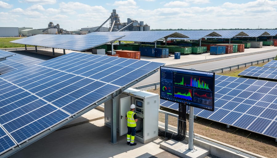 Engineer monitoring solar system performance at waste management facility using digital tablet