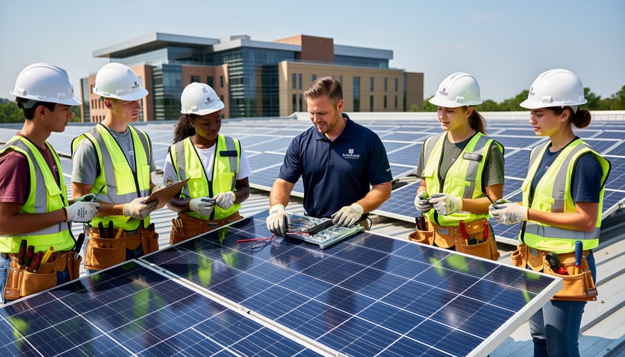 Students in safety gear collaboratively installing solar panels during hands-on training session