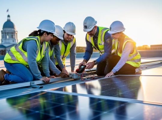 Diverse university students in hard hats install solar panels on a rooftop training lab while a mentor demonstrates a multimeter, golden-hour light, with a city hall dome and campus buildings softly blurred in the background