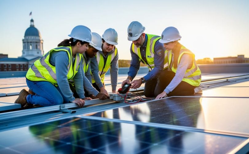 Diverse university students in hard hats install solar panels on a rooftop training lab while a mentor demonstrates a multimeter, golden-hour light, with a city hall dome and campus buildings softly blurred in the background