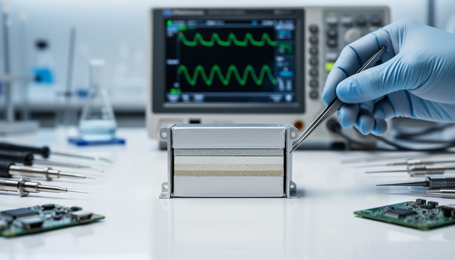 Close-up comparison of solid-state battery cell and traditional lithium-ion battery showing internal construction differences