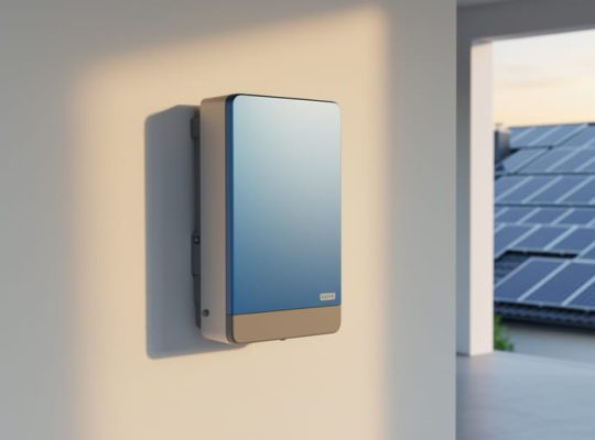 Wall-mounted solid-state home battery in a tidy utility room, with rooftop solar panels visible outside in warm evening light; smooth gray casing, no branding or text.