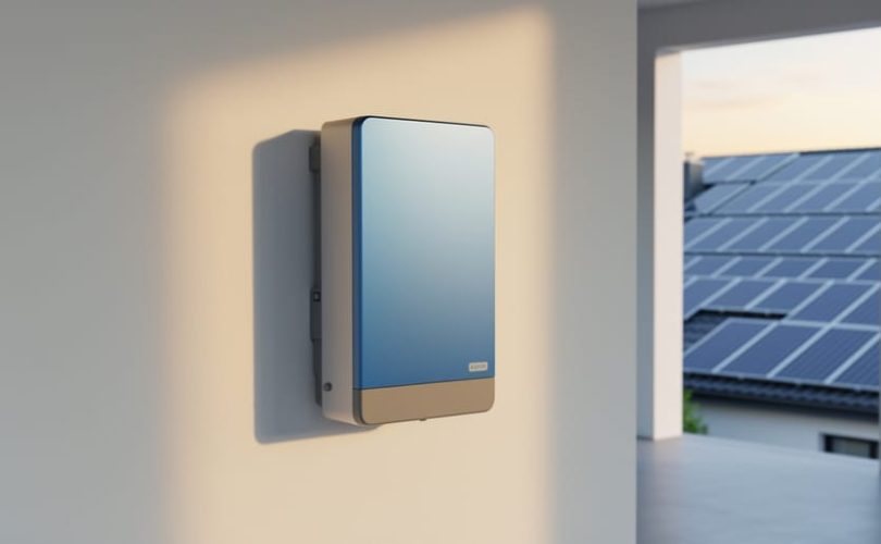 Wall-mounted solid-state home battery in a tidy utility room, with rooftop solar panels visible outside in warm evening light; smooth gray casing, no branding or text.