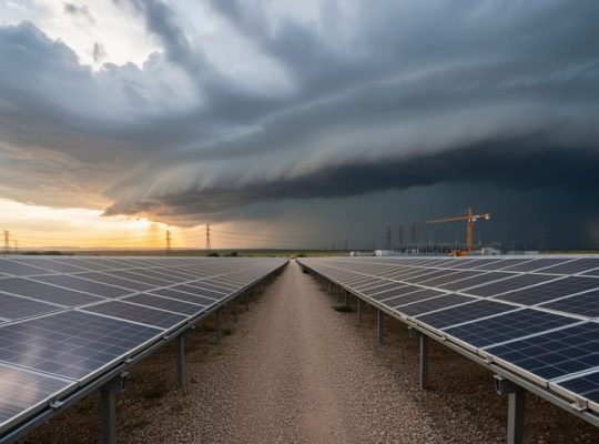 Eye-level wide photo of utility-scale solar panels under dark storm clouds with low golden sunlight, distant transmission towers, and an idle construction crane on the horizon.