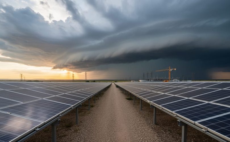 Eye-level wide photo of utility-scale solar panels under dark storm clouds with low golden sunlight, distant transmission towers, and an idle construction crane on the horizon.
