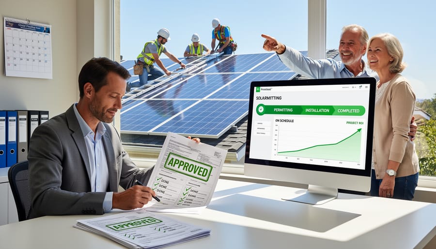 Solar professional working at computer managing multiple jurisdiction permit applications