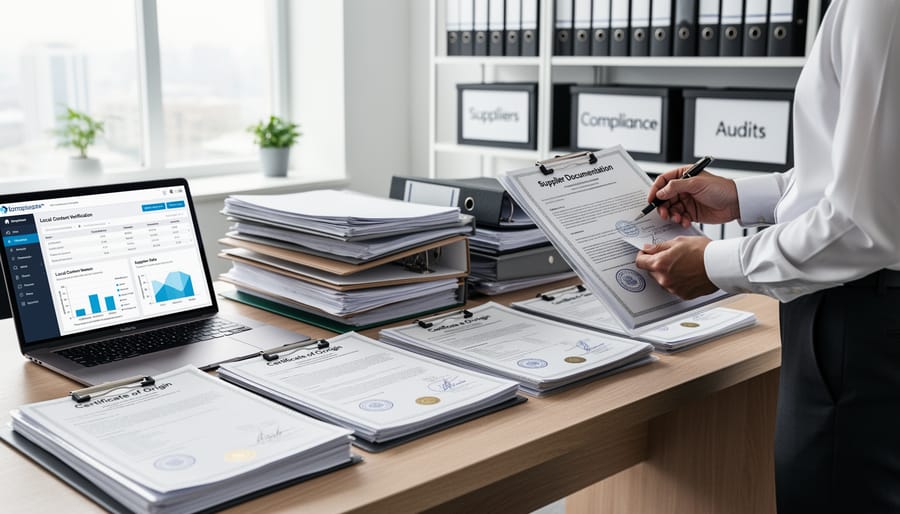 Procurement documents and certificates with solar panel samples on desk