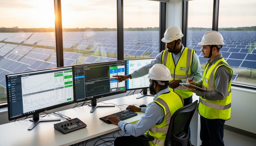 Solar technician in safety gear inspecting inverter equipment at utility solar facility
