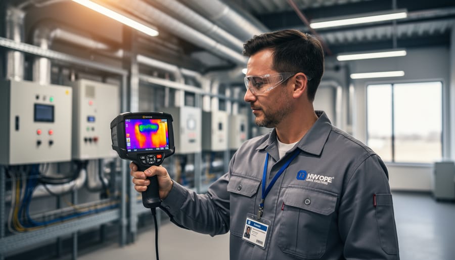 Technician using thermal imaging camera to diagnose solar panel performance issues