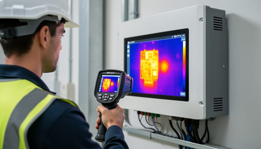 Technician using thermal imaging camera to inspect solar inverter for hot spots