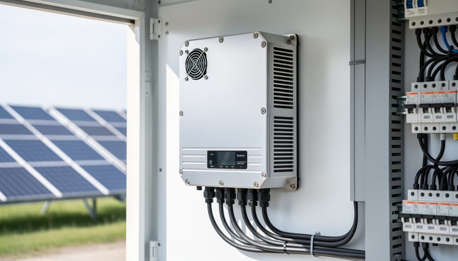 Industrial 3-phase solar inverter mounted on wall in professional installation