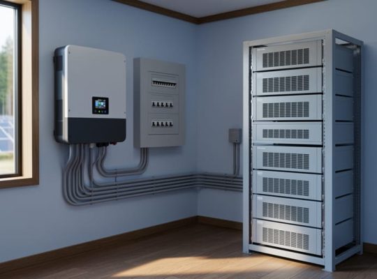 Wall-mounted three-phase hybrid solar inverter beside a lithium battery rack in an off-grid power room, conduits leading to a distribution panel, with a ground-mounted solar array visible through a window; no logos or text visible.