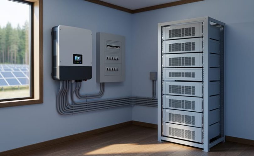 Wall-mounted three-phase hybrid solar inverter beside a lithium battery rack in an off-grid power room, conduits leading to a distribution panel, with a ground-mounted solar array visible through a window; no logos or text visible.